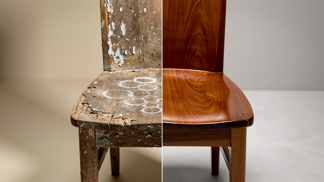 Before and after comparison of restored wooden chair finish