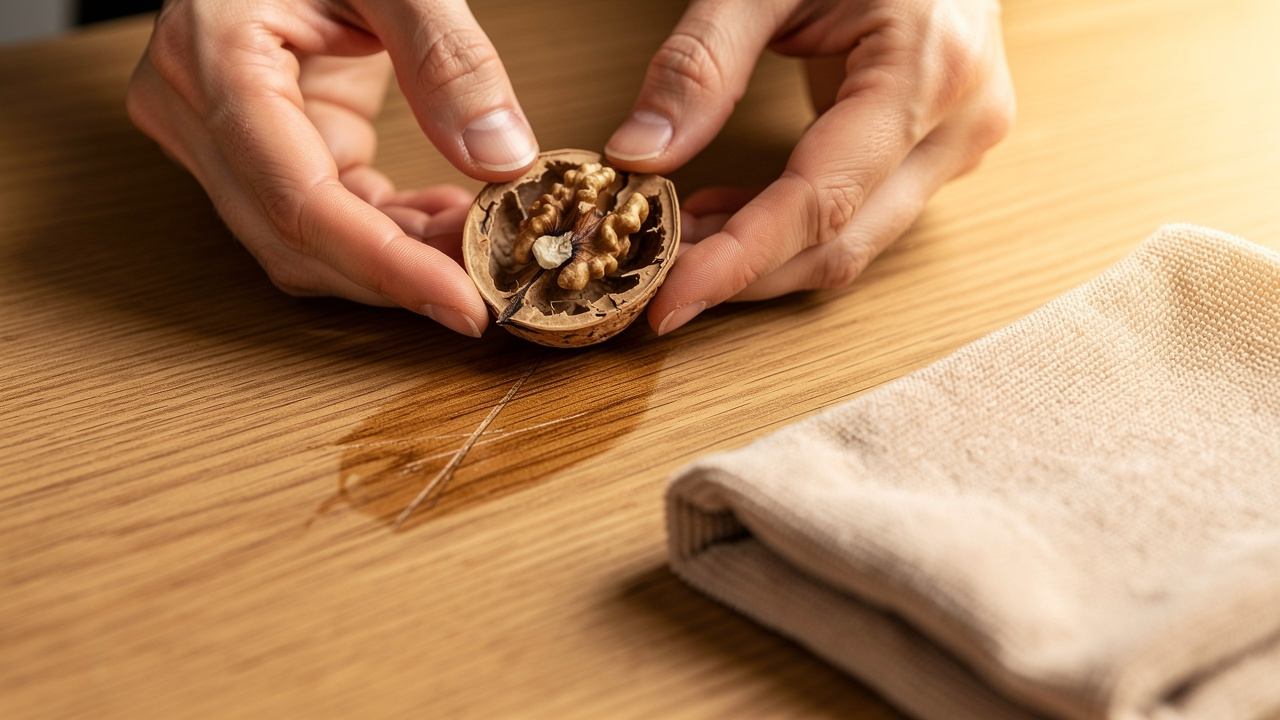 Hands repairing a wood scratch with a walnut at home