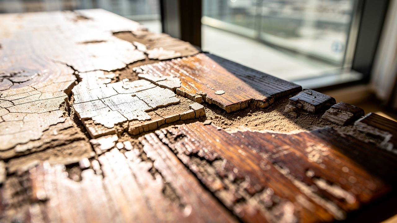 Cracked and faded wood furniture damaged by Dubai heat