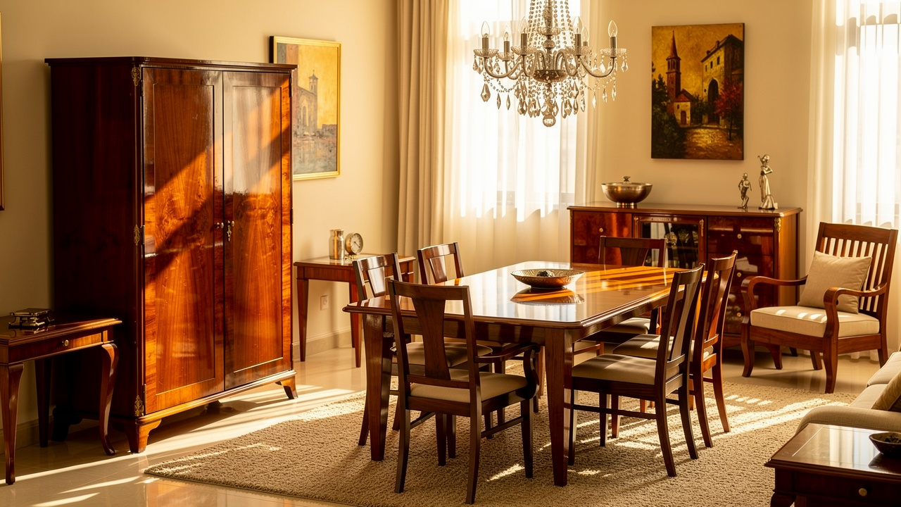 Various wood-finished furniture pieces in a Dubai home