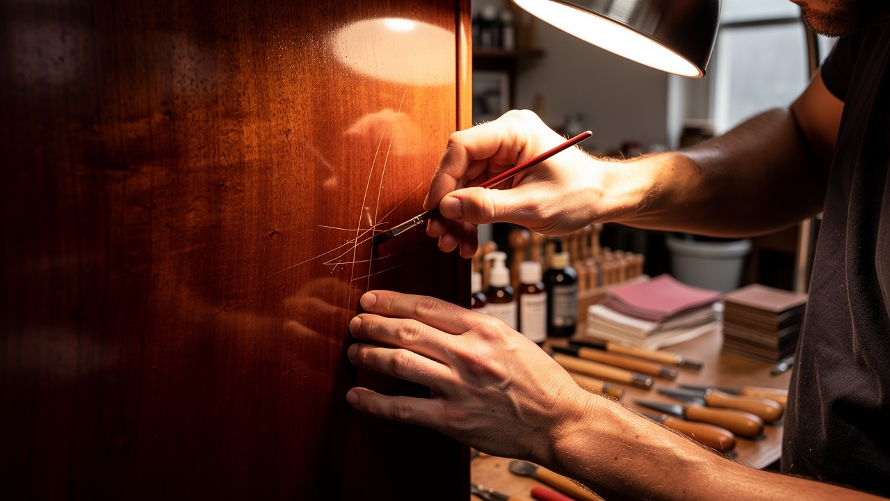 Professional craftsman repairing deep wood scratch in workshop