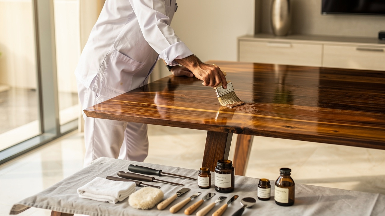 Professional applying varnish to wooden furniture in Dubai villa