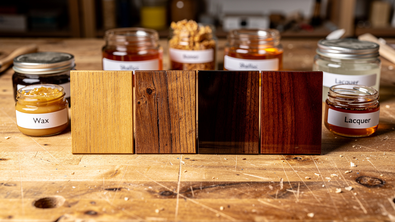 Six different wood polish finish samples on wooden boards