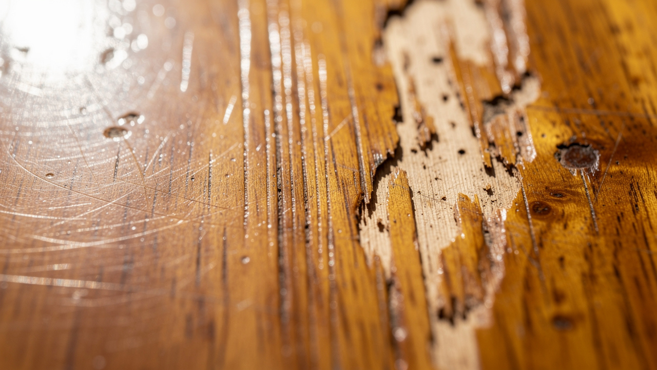 Close-up of different scratch depths on wooden furniture surface